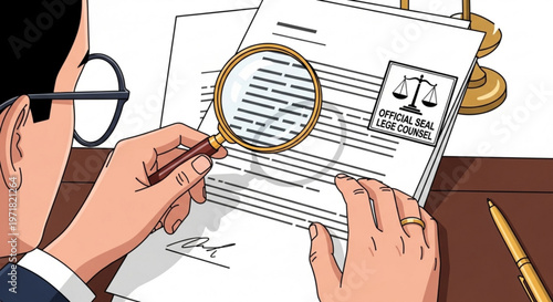 Professional lawyer examining legal document with magnifying glass in office setting with official scale of justice seal on paper