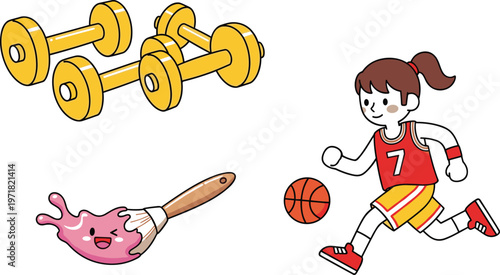 Sports and Fitness Cartoon Icon Set Featuring Dumbbells Basketball Player Cooking Pan and Active Lifestyle Vector Illustration Collection