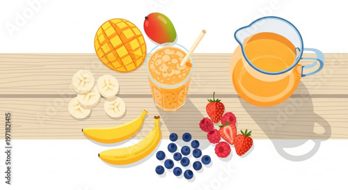 Healthy fruit smoothie and fresh ingredients on wooden table