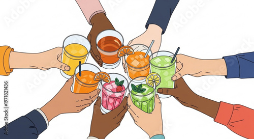 Group of diverse friends clinking glasses with colorful cocktails