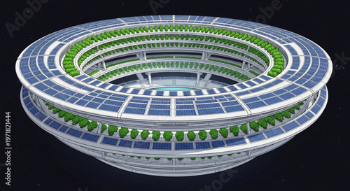 Futuristic space station with solar panels and internal green habitat