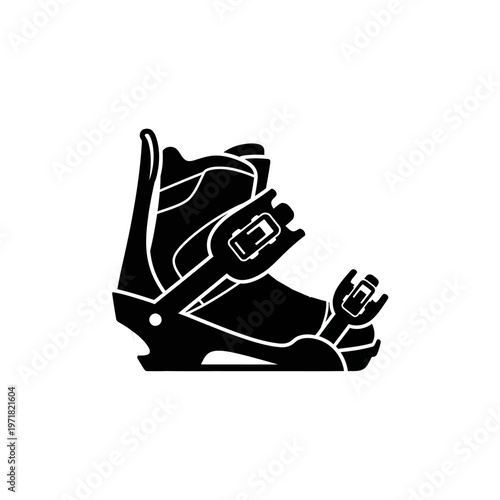 Black and white illustration of a snowboard boot with bindings, symbolizing winter sports and adventure