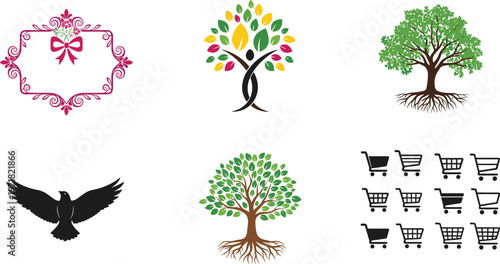 Mixed Icon Set Featuring Decorative Frame, Tree Logos, Flying Bird, and Shopping Cart Symbols for Branding, Nature Concepts, and E Commerce Design Elements