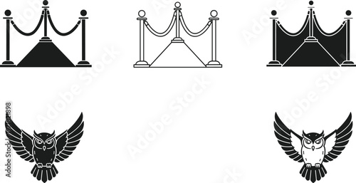 Red Carpet and Owl Emblem Icon Set Featuring VIP Barrier Rope Stanchion and Flying Owl Symbols in Solid and Outline Style for Event and Branding Design