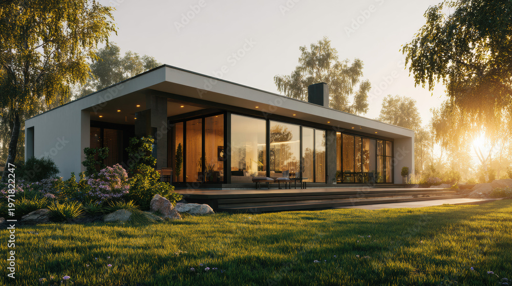 Fototapeta premium Modern Home in Nature's Embrace: A sleek, contemporary residence blends seamlessly with its natural surroundings, featuring expansive glass walls that invite the outdoors in.
