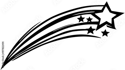 Stylized black and white shooting star graphic with a dynamic trail of smaller stars, celestial vector design element