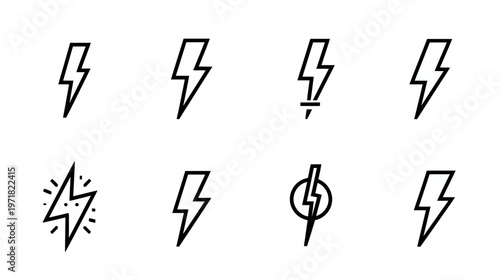 Collection of vector lightning bolt icons, symbolizing electricity, power, energy, speed, and warning