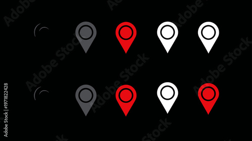 Set of various map pin icons for location, navigation, and GPS. Collection of red, white, and grey pointers for UI design.