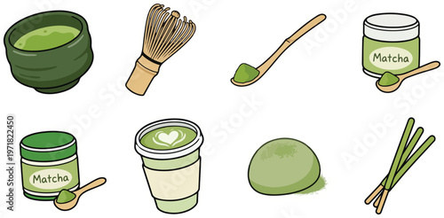 Set of illustrated matcha tea and related accessories, capturing the essence of Japanese tea culture and mindful preparation