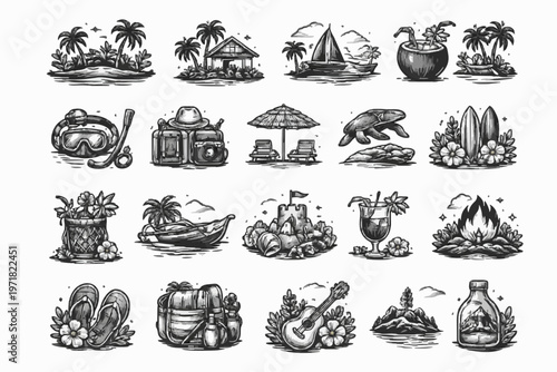 Vintage monochrome sketch set of tropical beach vacation and travel icons
