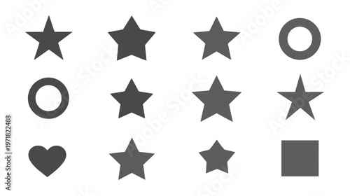 Minimalist dark grey geometric shapes and icons collection, featuring stars, circles, heart, and square on a clean white background.