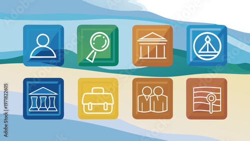 Minimal line icons for business governance and regulation including policy management, legal shield and corporate rules symbols. Transparent background, 16:9 composition, ideal for ESG platforms.