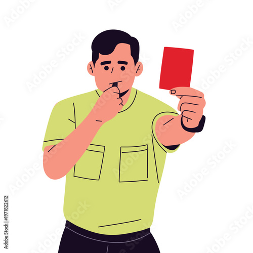 vector of a soccer referee and assistant referee showing red and yellow cards, signaling fouls, offside with flag, checking watch, and displaying VAR. perfect for football rules, officiating concepts
