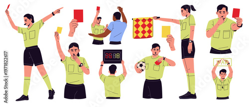 Flat vector illustration set of a soccer referee and assistant referee showing red and yellow cards, signaling fouls, offside with flag, checking watch, and displaying VAR. for football rules