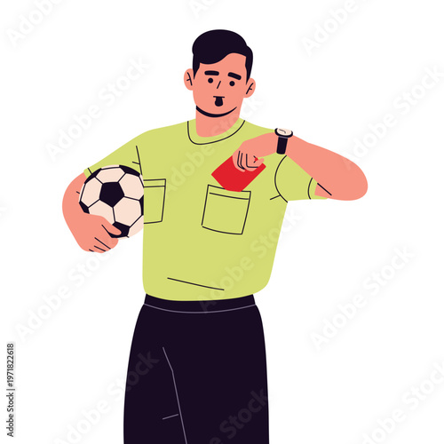 vector of a soccer referee and assistant referee showing red and yellow cards, signaling fouls, offside with flag, checking watch, and displaying VAR. perfect for football rules, officiating concepts