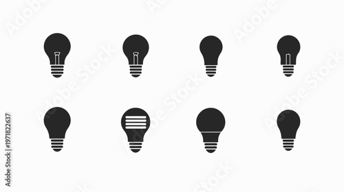 Set of diverse vector light bulb icons, dark and unlit, representing ideas, innovation, and creative solutions in flat design.