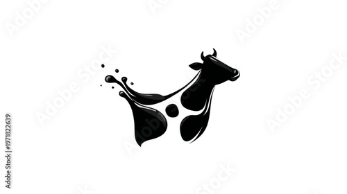 Abstract black and white cow logo design with milk splash effect, depicting freshness, dairy products, and farm concept