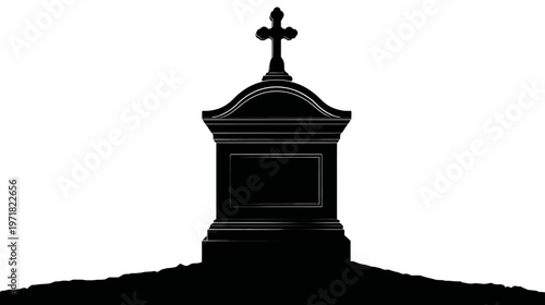 Black silhouette of a gravestone with a Christian cross against a white background, symbolizing death, remembrance, and mourning.