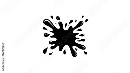 Dynamic black ink splash graphic element with liquid drops and paint splatter effect on a clean white background