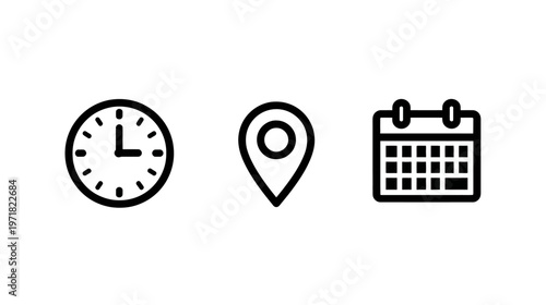 Time, Location, and Calendar Icons Set. Outline symbols for event planning, schedule, date, meeting, appointment, and place information.