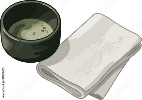 Japanese Matcha tea ceremony set with a whisked green tea in a bowl and a folded napkin, traditional beverage preparation