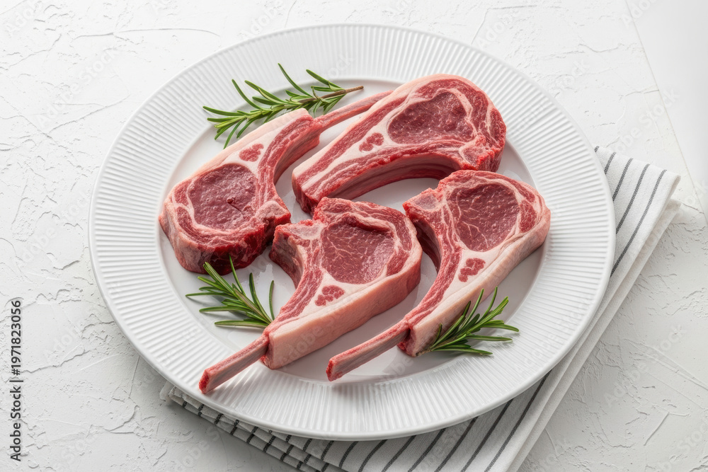 Fototapeta premium Raw Lamb Chops on White Plate with Fresh Rosemary on White Textured Background, Premium Meat Concept