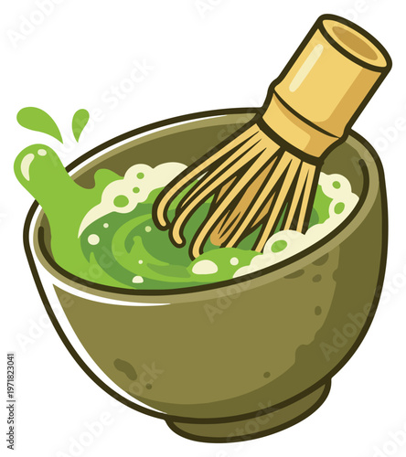 Bamboo Whisk Stirring Matcha Tea – Ceramic Bowl with Liquid Splashes Evoking Tradition and Refreshment