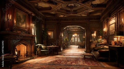 Ornate victorian living room with crackling fireplace