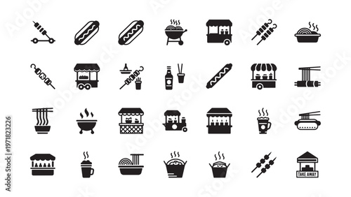 Food truck icons, restaurant symbols, fast food signs, street food graphics