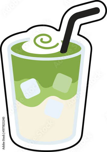 Refreshing iced matcha latte with whipped cream and ice cubes, a cool and delicious beverage