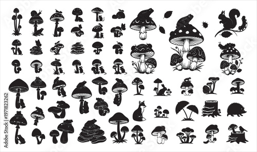 A collection of various black and white mushroom illustrations in different shapes and sizes