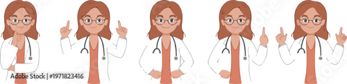 Minimalist cartoon vector of female doctor repeating in three panels pointing gesture from different angles isolated on clean white background