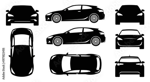 Car Silhouettes: Front, Side, Top Views - Black Icons for Design and Branding