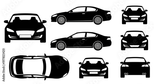 Car Silhouettes: Front, Side, Top Views - Black Icons on White Background