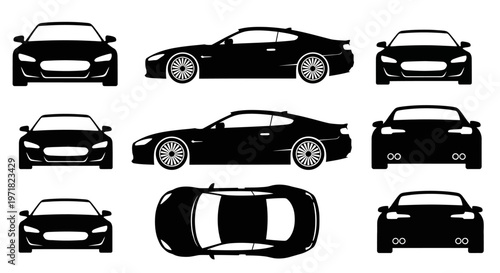 Car Silhouettes: Front, Side, Top Views - Black Sports Car Vector Icons