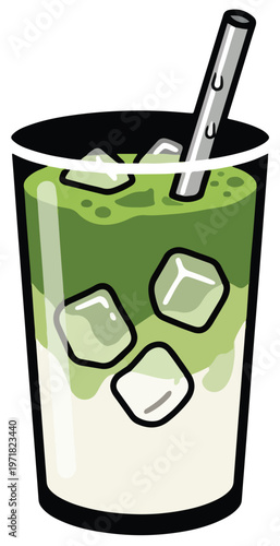 Refreshing iced matcha latte in a tall glass with ice cubes and a metal straw, a delightful beverage for a warm day