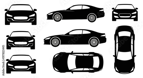 Car Silhouettes: Front, Side, Top Views - Black Vehicle Icons