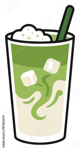 Refreshing green tea beverage with ice cubes and whipped cream topping in a tall glass with a straw, perfect for a hot day or a light treat