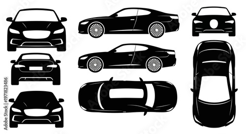 Car Silhouettes: Front, Side, Top Views of Coupe and Sedan