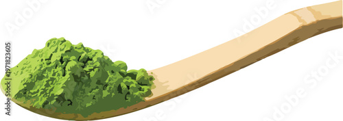 Vibrant green matcha tea powder elegantly presented on a natural bamboo wooden spoon, highlighting its fresh and healthy culinary appeal as a premium ingredient