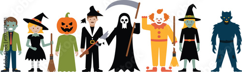 Minimalist Halloween costume illustration set with characters arranged in line including witch pirate clown ghost and monsters
