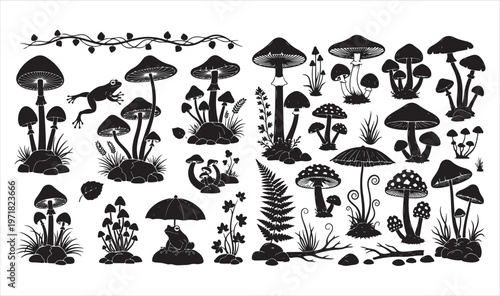 A collection of various mushroom and plant silhouettes in a single illustration