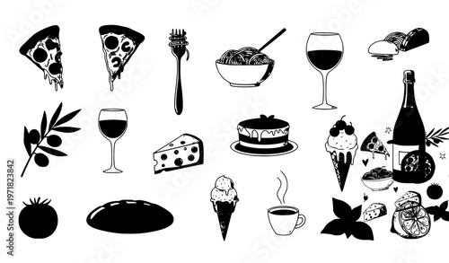 Whimsical Italian food and drink doodle set with pizza pasta wine and dessert vintage hand drawn vector