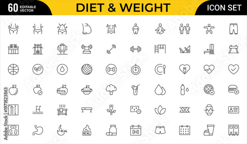 Diet and Weight Loss Line Icon Set for Fitness, Gym Training, Healthy Lifestyle, Workout, Exercise Equipment and Body Care Outline Vector Collection