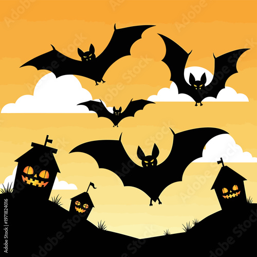 Spooky vector illustration featuring black bats flying over houses during a bright autumn halloween night