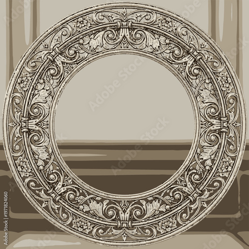Intricate circular vintage frame vector design featuring elaborate floral scrolls and classic baroque artistic patterns