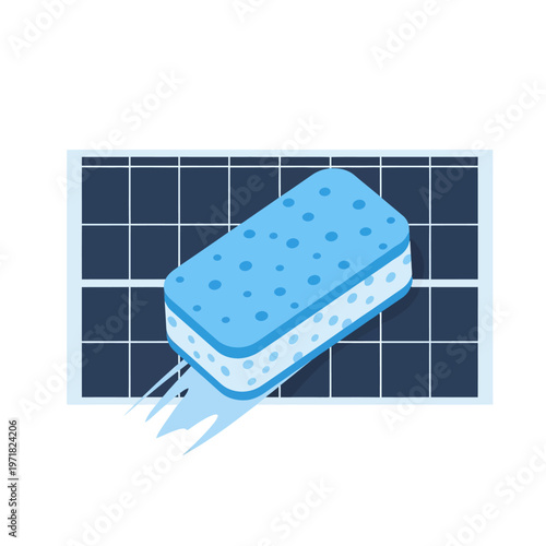 Cleaning solar panels with a blue sponge for optimal energy generation and efficiency, a representation of renewable energy maintenance