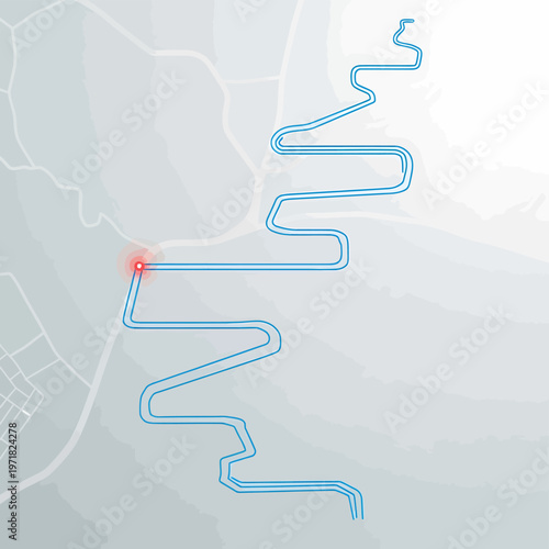 Detailed vector graphic illustration showing a winding mountain road path with a red destination point