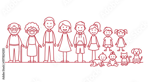 A clean and minimalist red stick figure family illustration set featuring multiple generations and pets. Perfect for infographics, UI icons, educational materials, and family-themed designs.