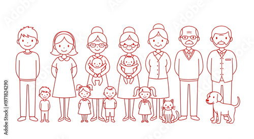 A clean and minimalist red stick figure family illustration set featuring multiple generations and pets. Perfect for infographics, UI icons, educational materials, and family-themed designs.